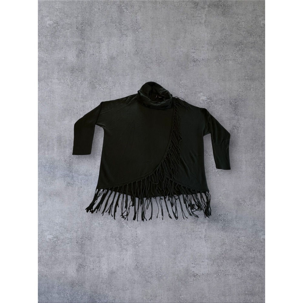 New Directions Poncho Sweater Womens Large Black Fringe Cowl Neck Knit EUC